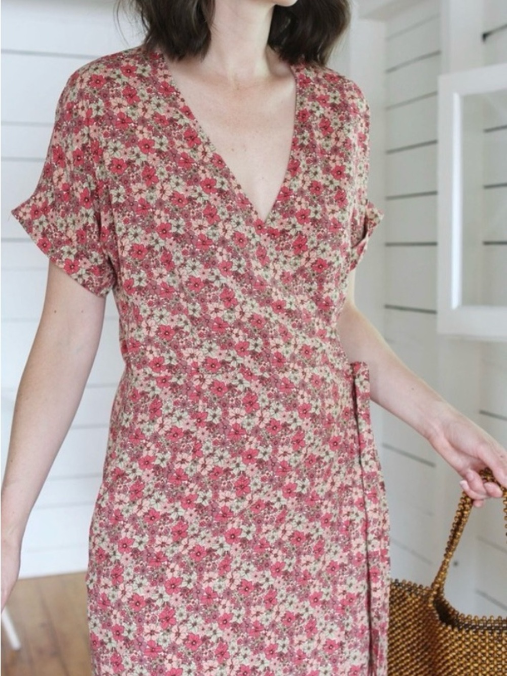 Floral V-Neck Midi Wrap Dress in Rose